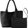 SporGenius Woven Tote Bag for Women – Handcrafted Vegan Leather with Matching Small Purse, Stylish Large Braided Handle